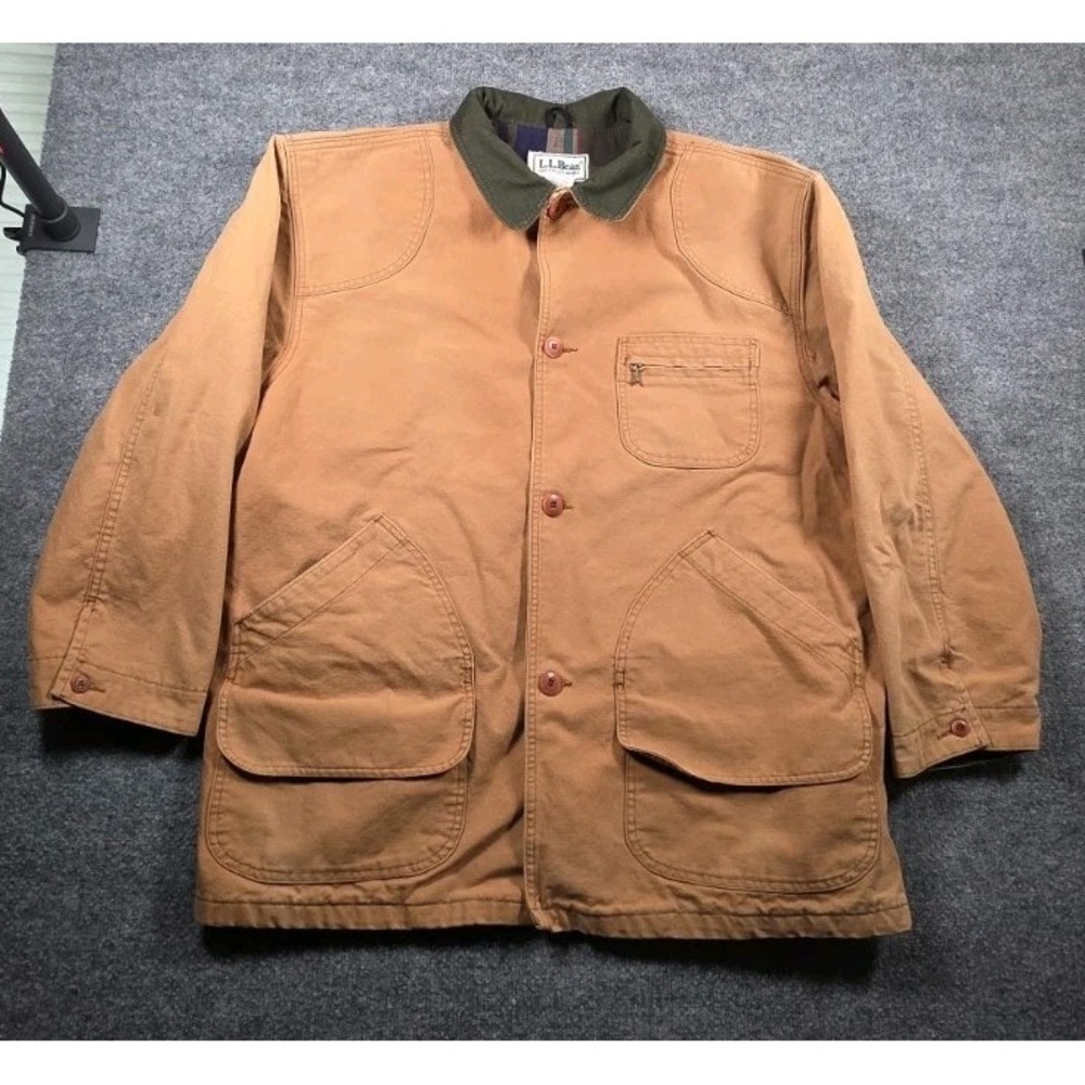 VTG LL Bean Mens XL Field Coat Tan Cotton Canvas Plaid Lined Chore Jacket USA